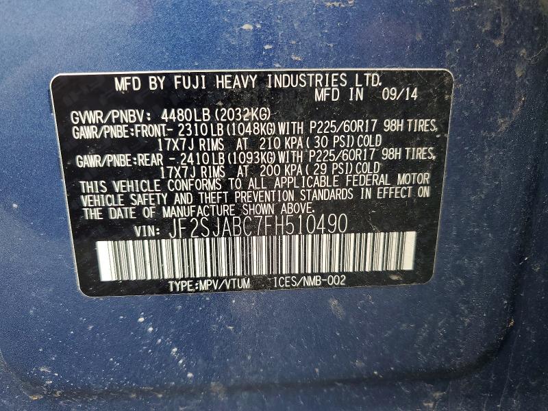 2015 Subaru Forester მანქანა იყიდება აუქციონზე, vin: JF2SJABC7FH510490, აუქციონის ნომერი: 56464256