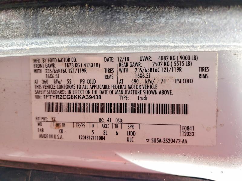 Aukcja sprzedaży 2019 Ford Transit, vin: 1FTYR2CG8KKA39438, numer aukcji: 57592386
