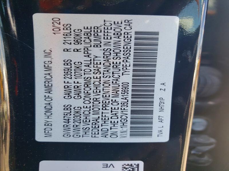 Aukcja sprzedaży 2020 Honda Accord, vin: 1HGCV1F35LA156900, numer aukcji: 58434406
