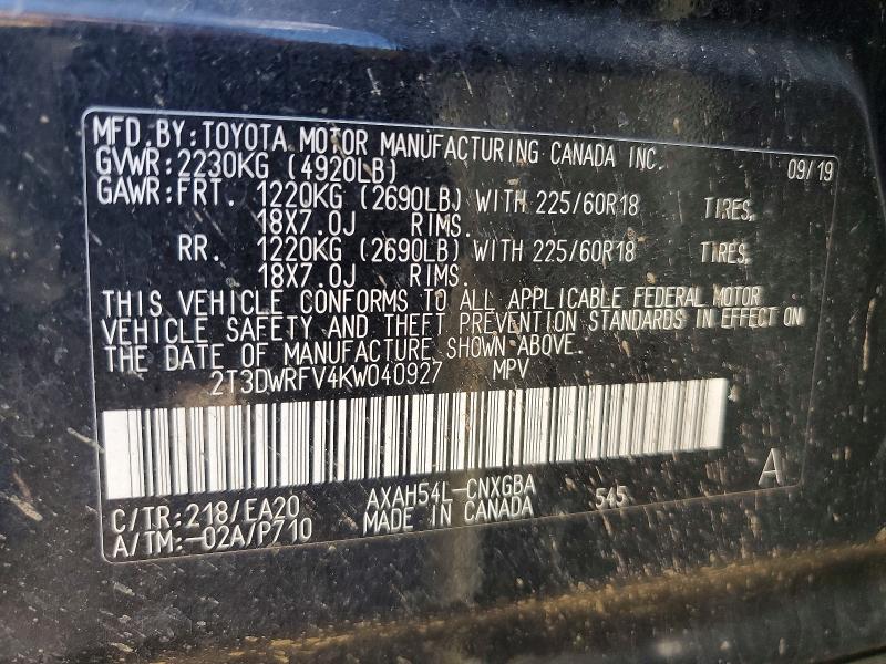 2019 Toyota Rav4 მანქანა იყიდება აუქციონზე, vin: 2T3DWRFV4KW040927, აუქციონის ნომერი: 57238316