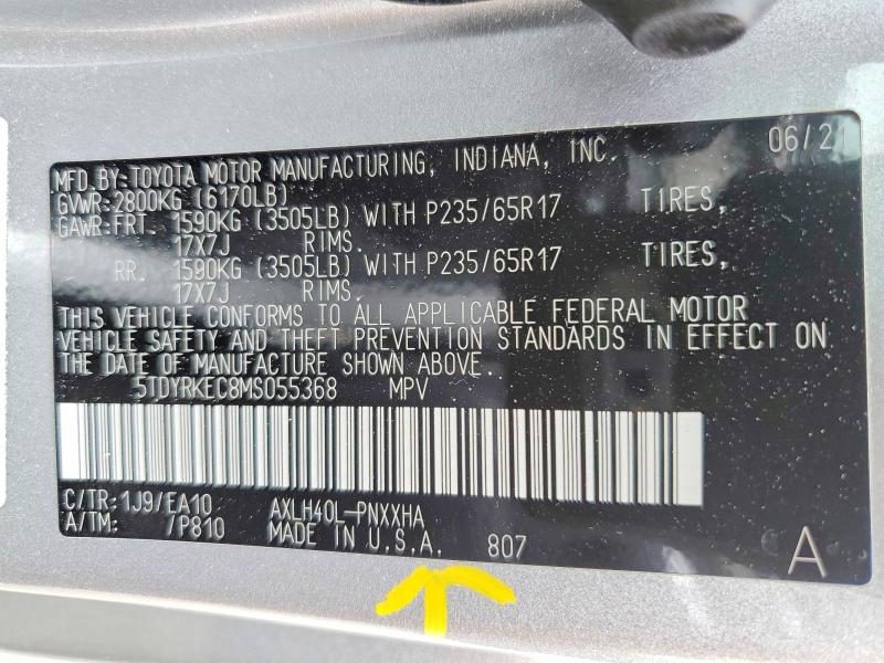 2021 Toyota Sienna მანქანა იყიდება აუქციონზე, vin: 5TDYRKEC8MS055368, აუქციონის ნომერი: 55960956