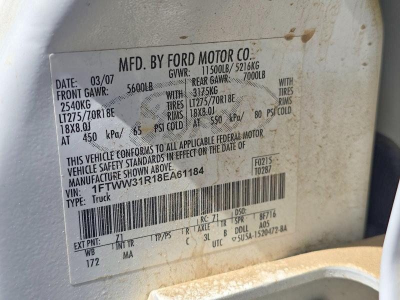 2008 Ford F350 მანქანა იყიდება აუქციონზე, vin: 1FTWW31R18EA61184, აუქციონის ნომერი: 56524886