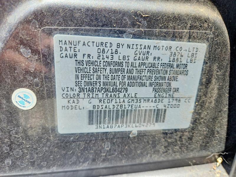 Aukcja sprzedaży 2019 Nissan Sentra, vin: 3N1AB7AP3KL604279, numer aukcji: 55743726
