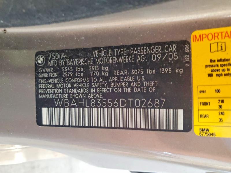 2006 Bmw 750 მანქანა იყიდება აუქციონზე, vin: WBAHL83556DT02687, აუქციონის ნომერი: 55890306