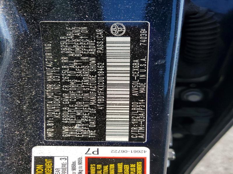 2012 Toyota Camry Hybrid მანქანა იყიდება აუქციონზე, vin: 4T1BD1FKXCU018462, აუქციონის ნომერი: 57588226