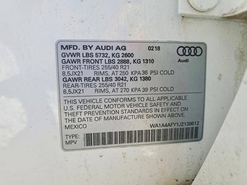 59349456 :رقم المزاد ، WA1A4AFY1J2138612 vin ، 2018 Audi Sq5 مزاد بيع