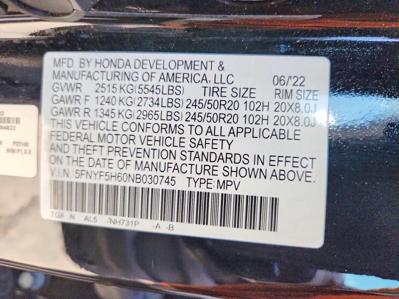 Aukcja sprzedaży 2022 Honda Pilot, vin: 5FNYF5H60NB030745, numer aukcji: 58444456
