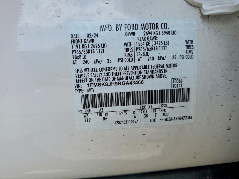 2024 Ford Explorer მანქანა იყიდება აუქციონზე, vin: 1FMSK8JH9RGA43466, აუქციონის ნომერი: 56264536