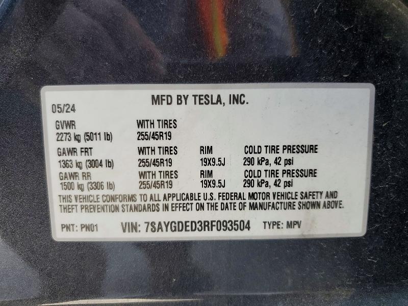 55795076 :رقم المزاد ، 7SAYGDED3RF093504 vin ، 2024 Tesla Model Y مزاد بيع