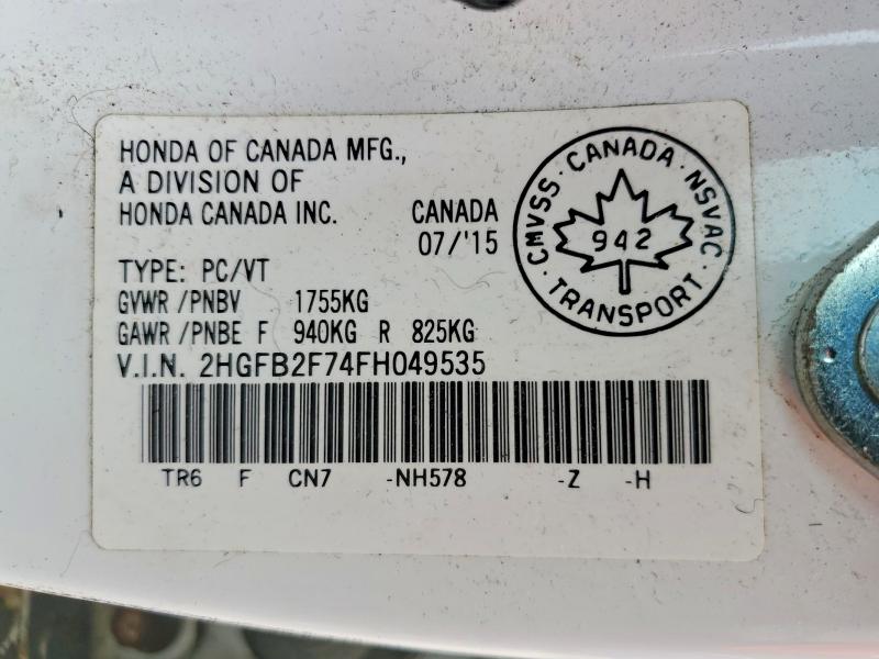 Продаж на аукціоні авто 2015 Honda Civic, vin: 2HGFB2F74FH049535, номер лоту: 57756646