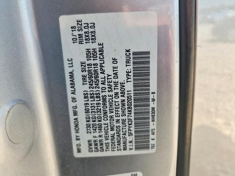 Aukcja sprzedaży 2019 Honda Ridgeline, vin: 5FPYK3F74KB020511, numer aukcji: 56157536