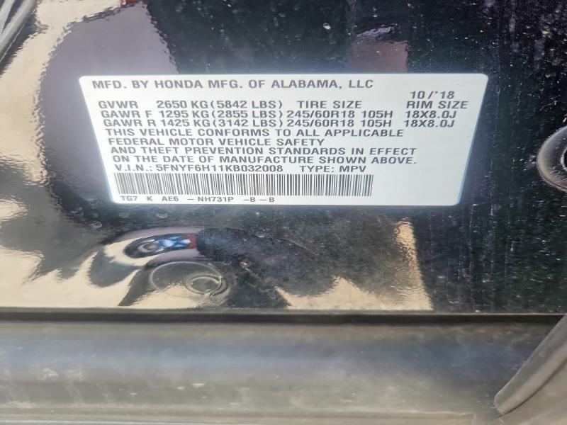 Aukcja sprzedaży 2019 Honda Pilot, vin: 5FNYF6H11KB032008, numer aukcji: 57602766