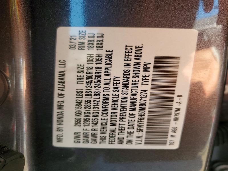 2021 Honda Pilot მანქანა იყიდება აუქციონზე, vin: 5FNYF6H50MB071274, აუქციონის ნომერი: 58088176