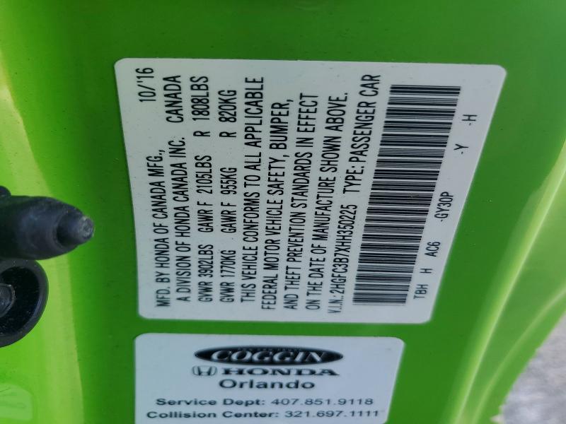 Продаж на аукціоні авто 2017 Honda Civic, vin: 2HGFC3B7XHH350225, номер лоту: 56256296