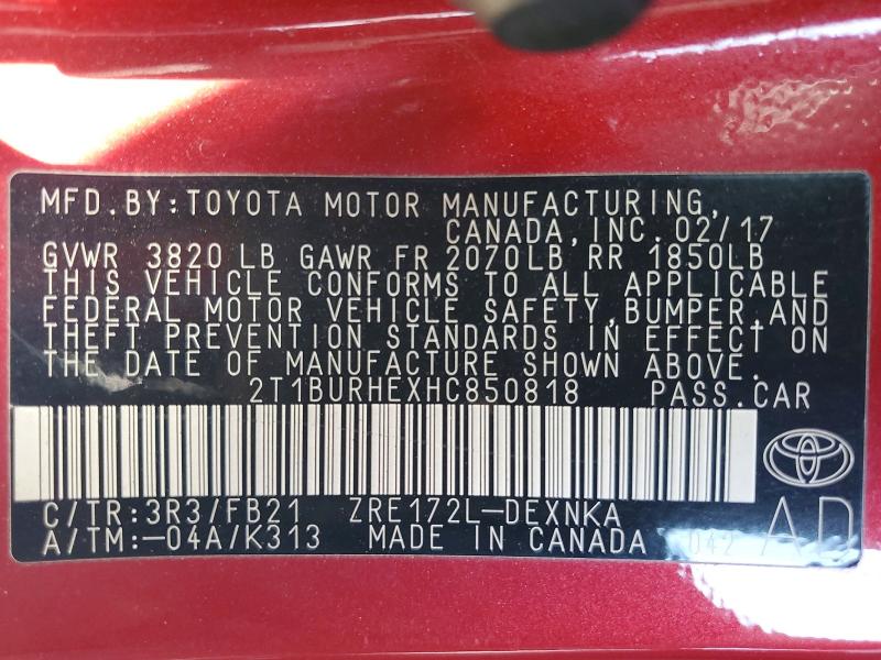 Продажа на аукционе авто 2017 Toyota Corolla, vin: 2T1BURHEXHC850818, номер лота: 56480686