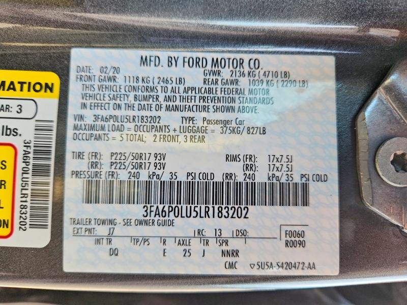 Aukcja sprzedaży 2020 Ford Fusion, vin: 3FA6P0LU5LR183202, numer aukcji: 56443126