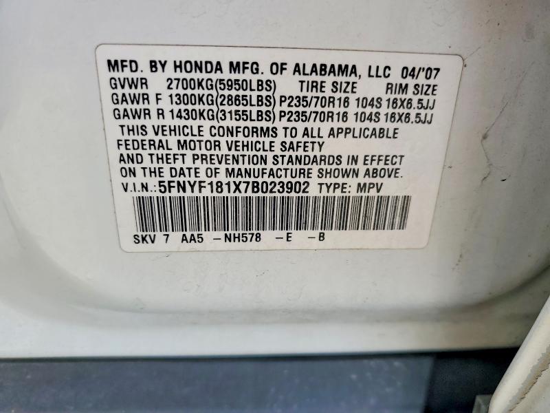 Auction sale of the 2007 Honda Pilot, vin: 5FNYF181X7B023902, lot number: 55908536