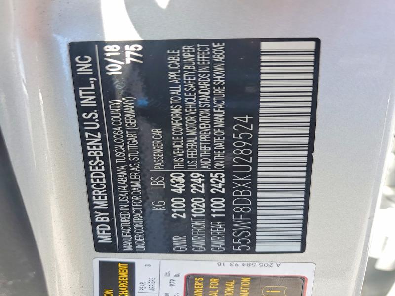 85624395 :رقم المزاد ، 55SWF8DBXKU289524 vin ، 2019 Mercedes-benz C مزاد بيع