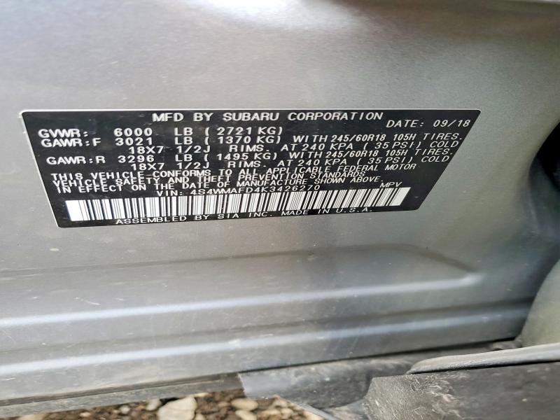 2019 Subaru Ascent მანქანა იყიდება აუქციონზე, vin: 4S4WMAFD4K3426270, აუქციონის ნომერი: 57244176