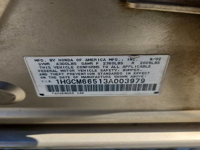 Aukcja sprzedaży 2003 Honda Accord, vin: 1HGCM66513A003979, numer aukcji: 56081796