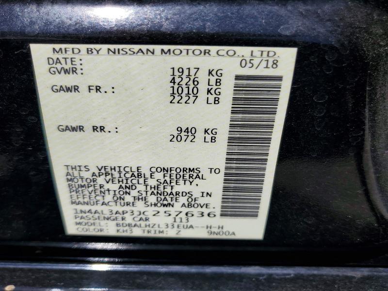 2018 Nissan Altima მანქანა იყიდება აუქციონზე, vin: 1N4AL3AP3JC257636, აუქციონის ნომერი: 58519786