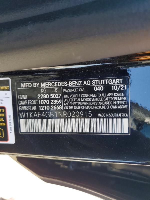 2022 Mercedes-benz C მანქანა იყიდება აუქციონზე, vin: W1KAF4GB1NR020915, აუქციონის ნომერი: 56631246