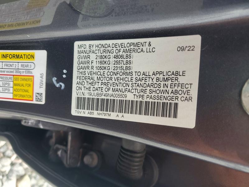 2022 Acura Tlx მანქანა იყიდება აუქციონზე, vin: 19UUB5F49NA005509, აუქციონის ნომერი: 58498696