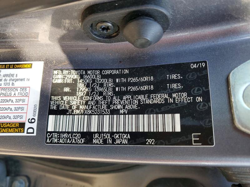 Aukcja sprzedaży 2019 Lexus Gx, vin: JTJBM7FX8K5231533, numer aukcji: 56935496