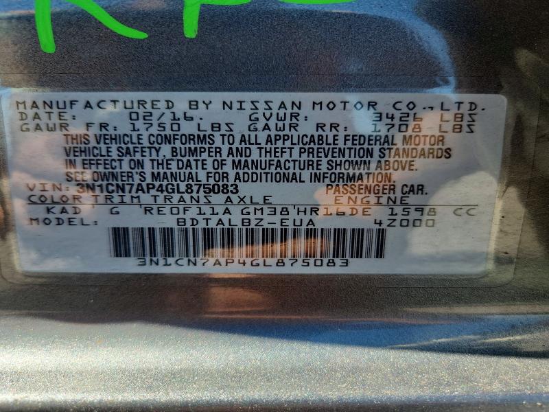 58381186 :رقم المزاد ، 3N1CN7AP4GL875083 vin ، 2016 Nissan Versa مزاد بيع