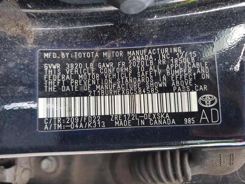 2016 Toyota Corolla მანქანა იყიდება აუქციონზე, vin: 2T1BURHEXGC584585, აუქციონის ნომერი: 76296075