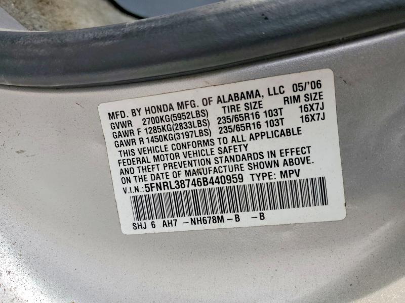 Aukcja sprzedaży 2006 Honda Odyssey, vin: 5FNRL38746B440959, numer aukcji: 58516176