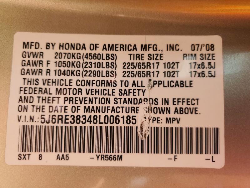 2008 Honda Cr-v მანქანა იყიდება აუქციონზე, vin: 5J6RE38348L006185, აუქციონის ნომერი: 58265956