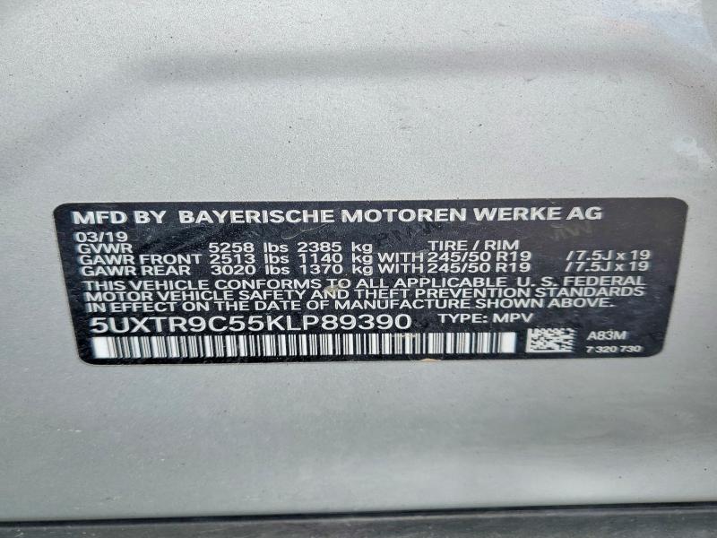 85968575 :رقم المزاد ، 5UXTR9C55KLP89390 vin ، 2019 Bmw X3 مزاد بيع