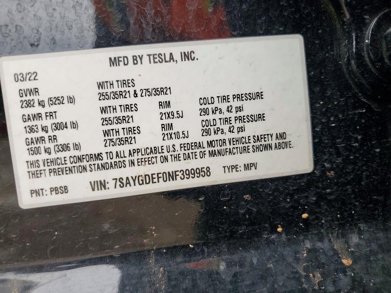 2022 Tesla Model Y მანქანა იყიდება აუქციონზე, vin: 7SAYGDEF0NF399958, აუქციონის ნომერი: 55600906