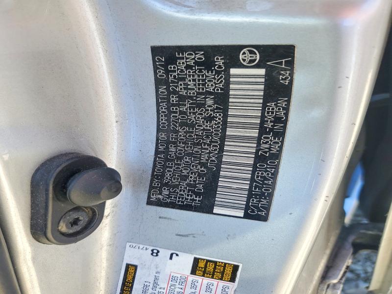 Aukcja sprzedaży 2012 Toyota Prius, vin: JTDKN3DUXC0336817, numer aukcji: 55436736