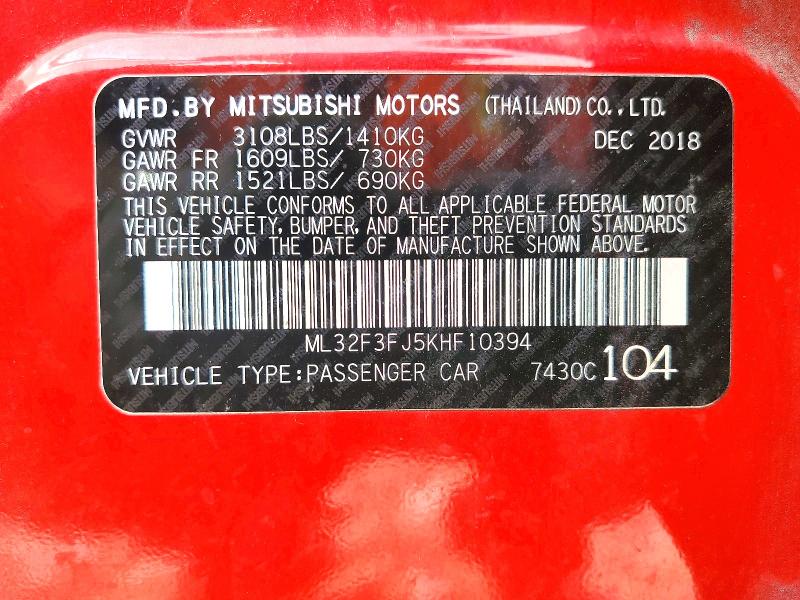 58528686 :رقم المزاد ، ML32F3FJ5KHF10394 vin ، 2019 Mitsubishi Mirage مزاد بيع