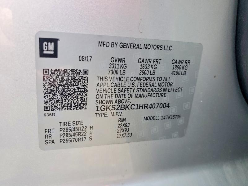 52538796 :رقم المزاد ، 1GKS2BKC1HR407004 vin ، 2017 Gmc Yukon مزاد بيع