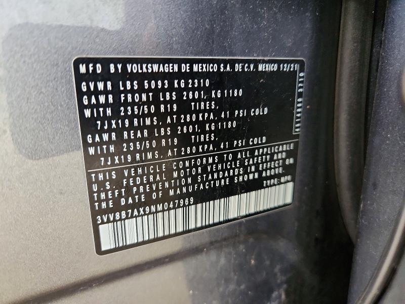 57857646 :رقم المزاد ، 3VV8B7AX9NM047969 vin ، 2022 Volkswagen Tiguan مزاد بيع