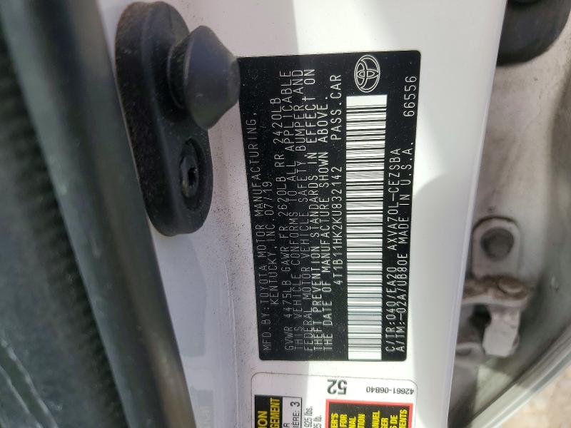 57936166 :رقم المزاد ، 4T1B11HK2KU832142 vin ، 2019 Toyota Camry مزاد بيع