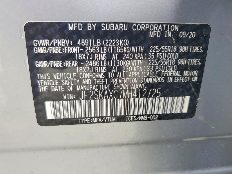 56229966 :رقم المزاد ، JF2SKAXC7MH412725 vin ، 2021 Subaru Forester مزاد بيع