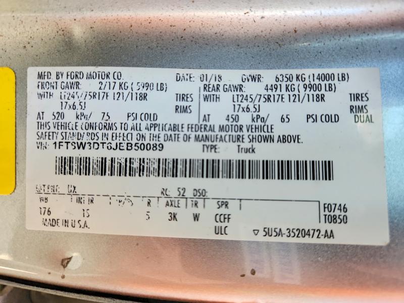 2018 Ford F350 მანქანა იყიდება აუქციონზე, vin: 1FT8W3DT6JEB50089, აუქციონის ნომერი: 56712036