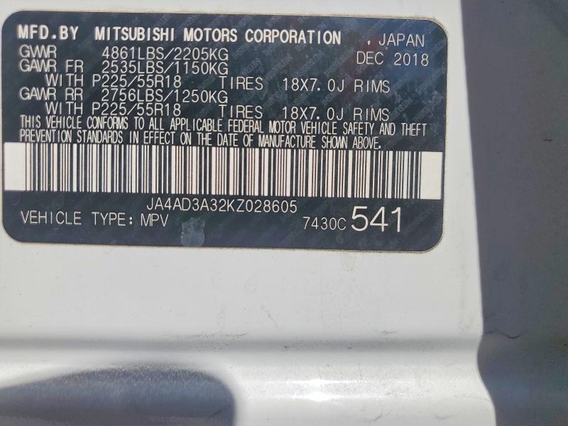 Aukcja sprzedaży 2019 Mitsubishi Outlander, vin: JA4AD3A32KZ028605, numer aukcji: 57268856