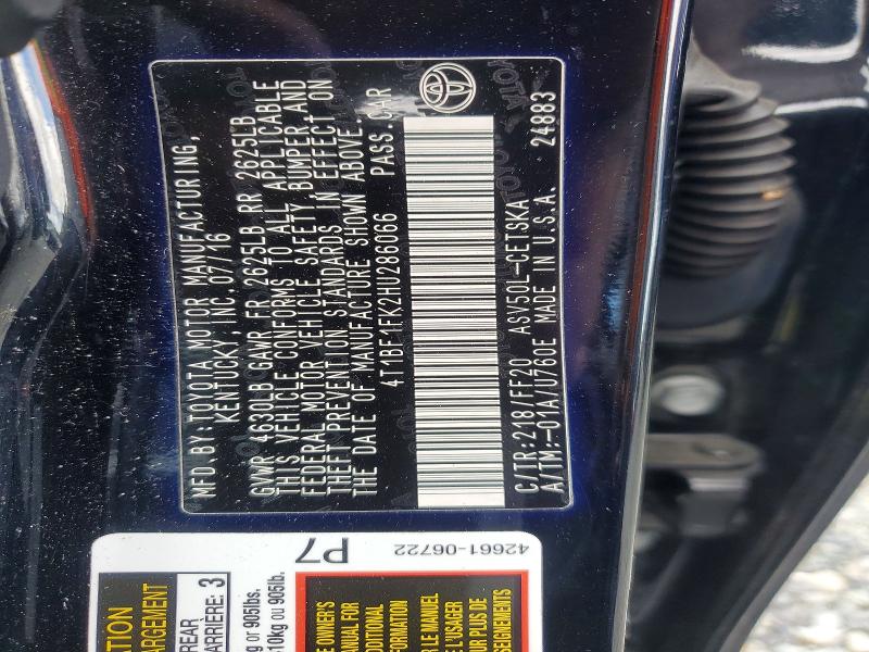 56174996 :رقم المزاد ، 4T1BF1FK2HU286066 vin ، 2017 Toyota Camry مزاد بيع