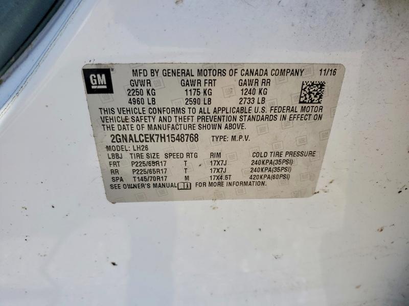 55820926 :رقم المزاد ، 2GNALCEK7H1548768 vin ، 2017 Chevrolet Equinox مزاد بيع