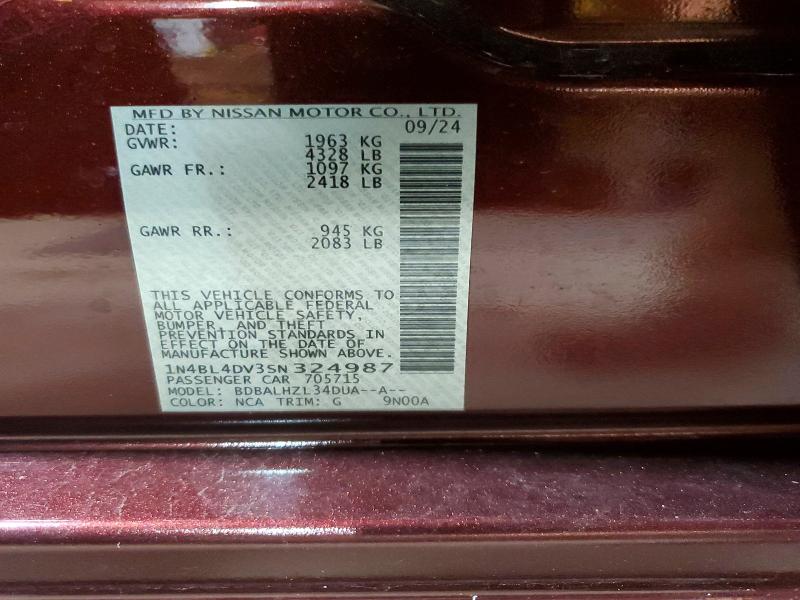 Продажа на аукционе авто 2025 Nissan Altima, vin: 1N4BL4DV3SN324987, номер лота: 58377896