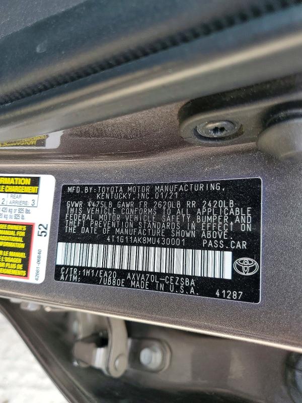 Продажа на аукционе авто 2021 Toyota Camry, vin: 4T1G11AK8MU430001, номер лота: 58188366