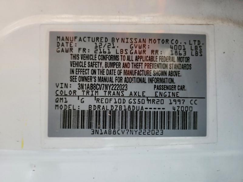 2022 Nissan Sentra მანქანა იყიდება აუქციონზე, vin: 3N1AB8CV7NY222023, აუქციონის ნომერი: 58327866