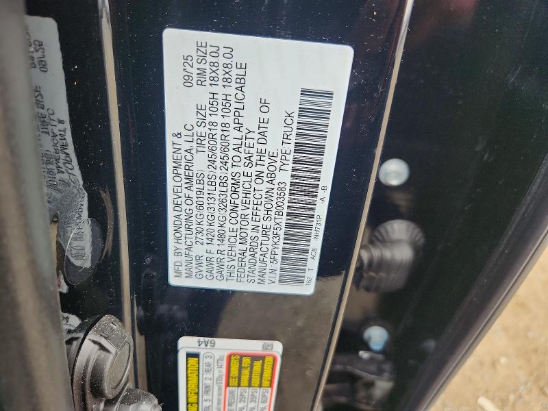 2026 Honda Ridgeline მანქანა იყიდება აუქციონზე, vin: 5FPYK3F5XTB003583, აუქციონის ნომერი: 58979956