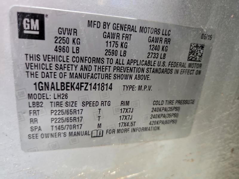 2015 Chevrolet Equinox მანქანა იყიდება აუქციონზე, vin: 1GNALBEK4FZ141814, აუქციონის ნომერი: 56749046