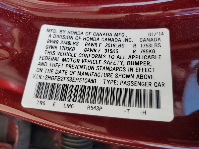 Aukcja sprzedaży 2014 Honda Civic, vin: 2HGFB2F53EH510480, numer aukcji: 58689266
